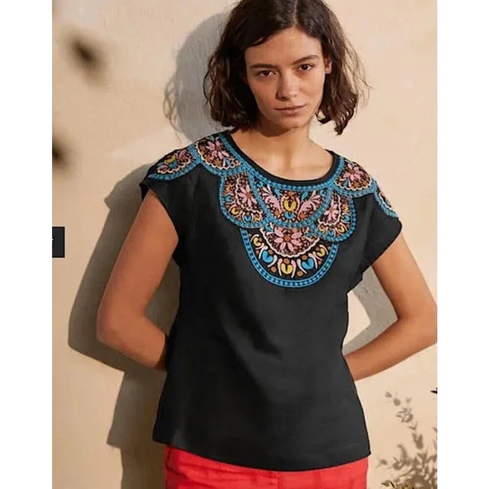 Boden Black Short-Sleeve Top with Multicolor Embroidered Yoke